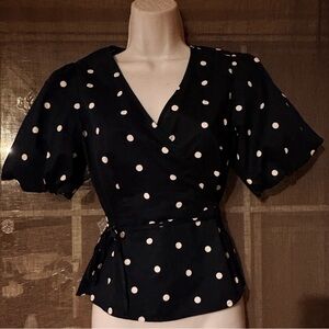 Old Navy Navy Blue and White Polka Dot wrap around bow Blouse